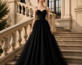 Black Gothic Wedding Dress Corset, Ball Gown Tulle, Bridal Elegant, Princess Formal Luxury