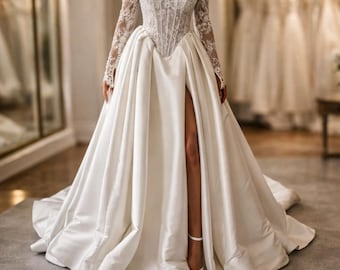 Off Shoulder Corset Wedding Dress, Lace Bridal Gown, Satin Slit Princess Elegance