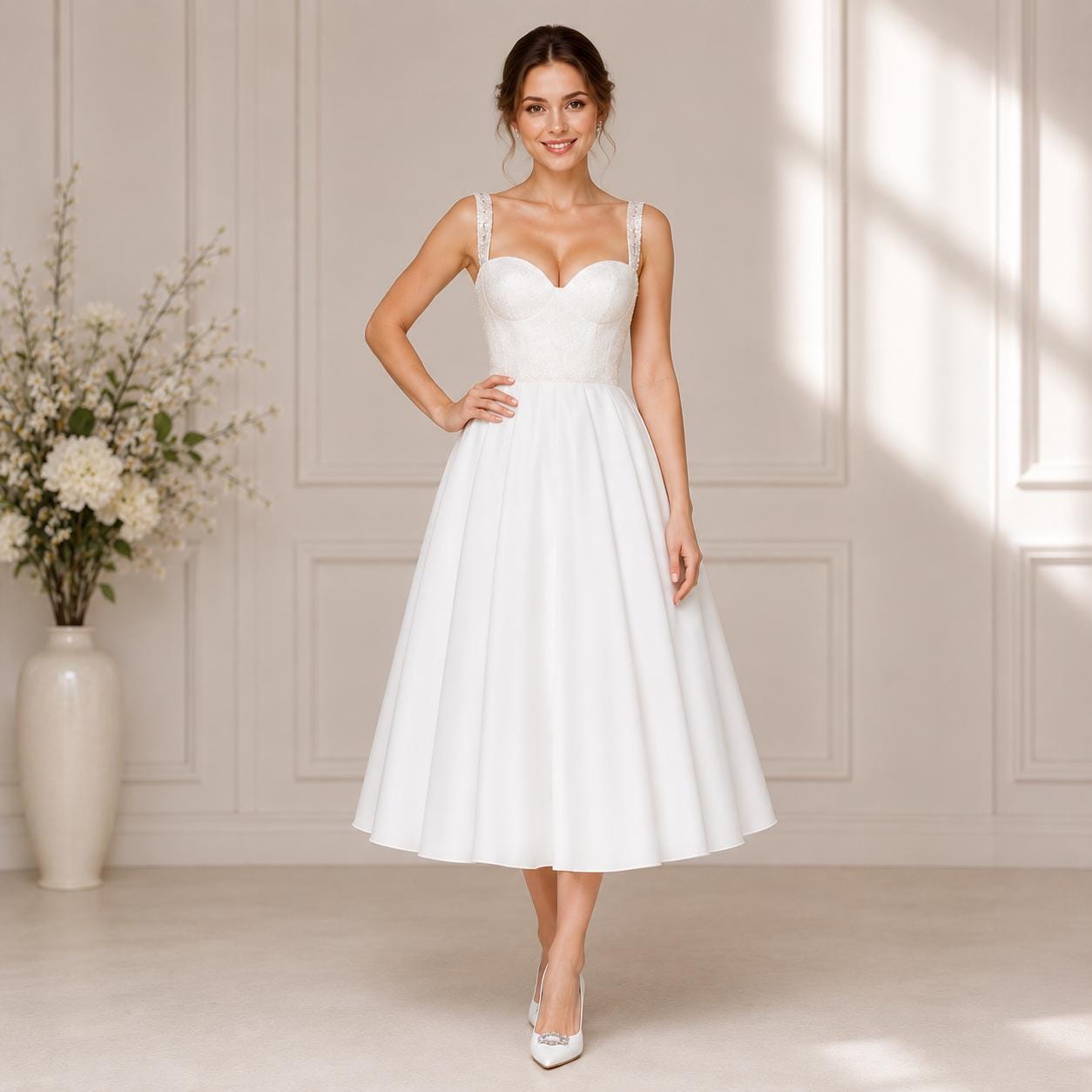 white a line tea length dress Zapaka Women Ivory Lace Tea Length Engagement Dress A Line Long Sleeves Round Neck Wedding Reception Dress, Ivory / US12