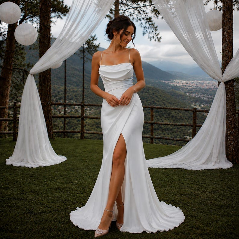 Minimalist Wedding Dress, Satin Bridal Gown, Open Back Design, Beach Bride, Elopement Dress
Satin Wedding Dress, Cowl Neck Bridal Gown, Open Back Dress, Beach Wedding Dress, High Slit