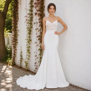 Luxury Crepe Wedding Dress, Beaded Bodice, Fitted Bridal Gown, Spaghetti Strap, Elegant Ivory