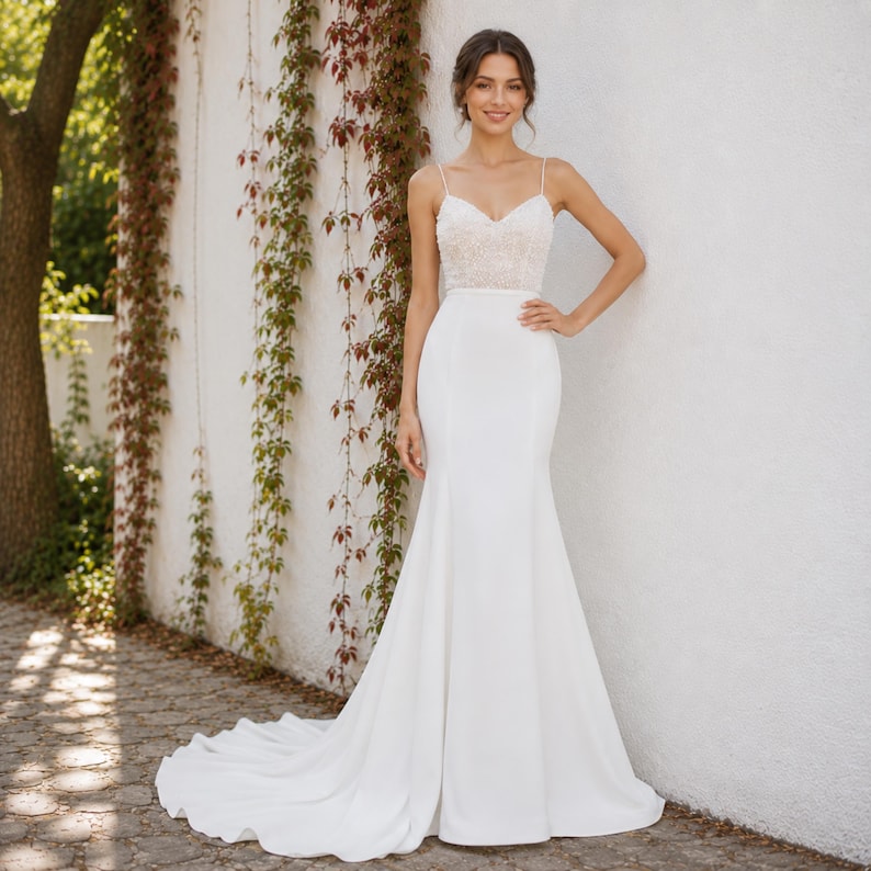 Luxury Crepe Wedding Dress, Beaded Bodice, Fitted Bridal Gown, Spaghetti Strap, Elegant Ivory