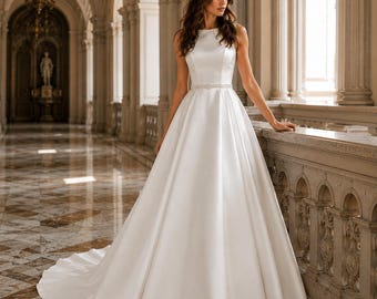 Elegant Satin Wedding Dress, Chapel Train Bridal Gown, High Neck Sleeveless, A-Line Minimalist Ivory