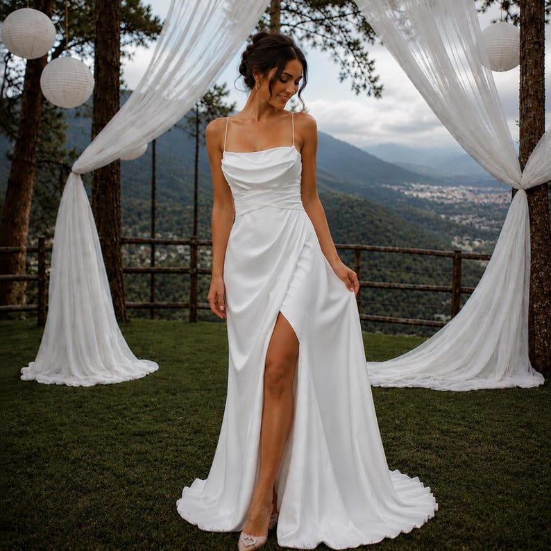 Minimalist Wedding Dress, Satin Bridal Gown, Open Back Design, Beach Bride, Elopement Dress
Satin Wedding Dress, Cowl Neck Bridal Gown, Open Back Dress, Beach Wedding Dress, High Slit