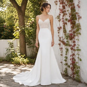 Luxury Crepe Wedding Dress, Beaded Bodice, Fitted Bridal Gown, Spaghetti Strap, Elegant Ivory