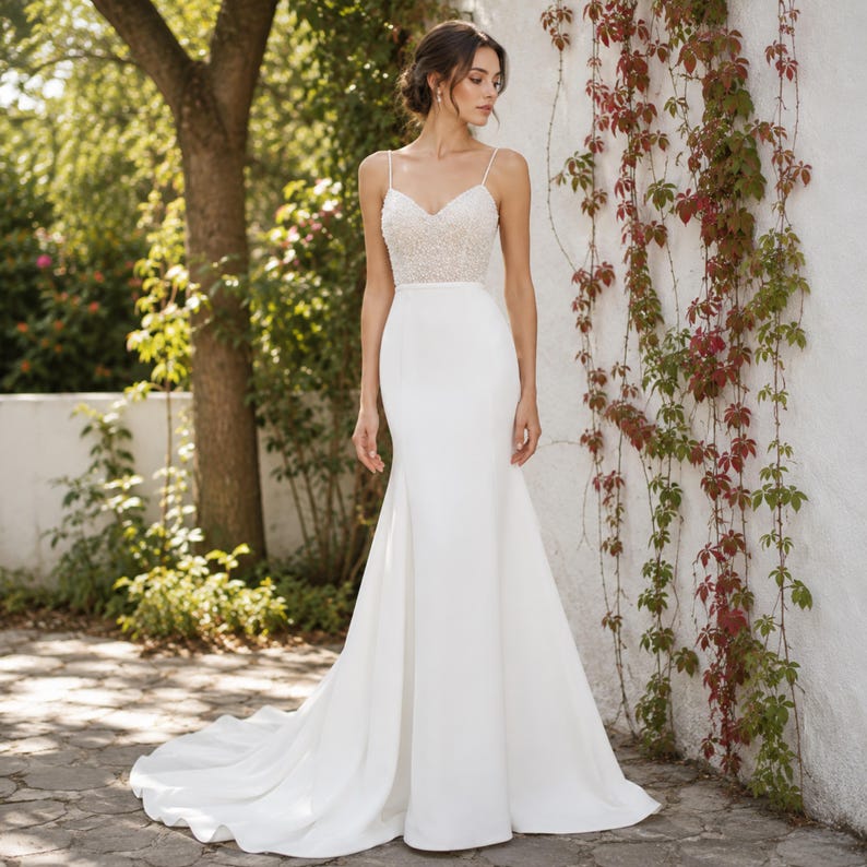 Luxury Crepe Wedding Dress, Beaded Bodice, Fitted Bridal Gown, Spaghetti Strap, Elegant Ivory