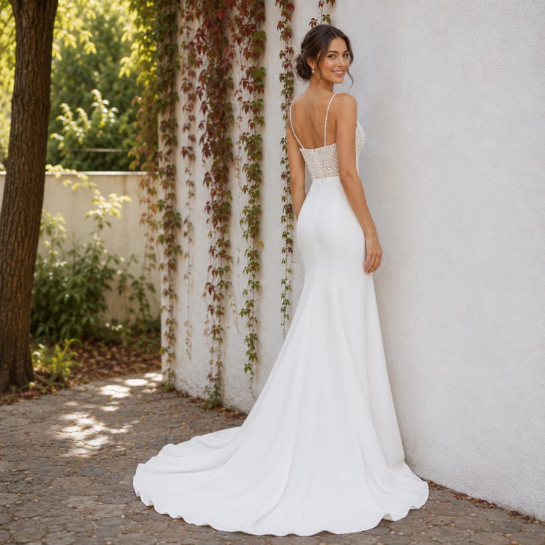 Luxury Crepe Wedding Dress, Beaded Bodice, Fitted Bridal Gown, Spaghetti Strap, Elegant Ivory