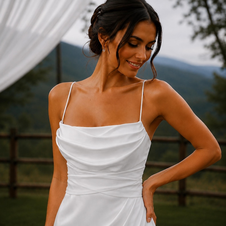 Minimalist Wedding Dress, Satin Bridal Gown, Open Back Design, Beach Bride, Elopement Dress
Satin Wedding Dress, Cowl Neck Bridal Gown, Open Back Dress, Beach Wedding Dress, High Slit