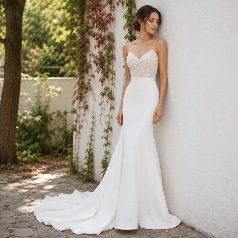 Luxury Crepe Wedding Dress, Beaded Bodice, Fitted Bridal Gown, Spaghetti Strap, Elegant Ivory
