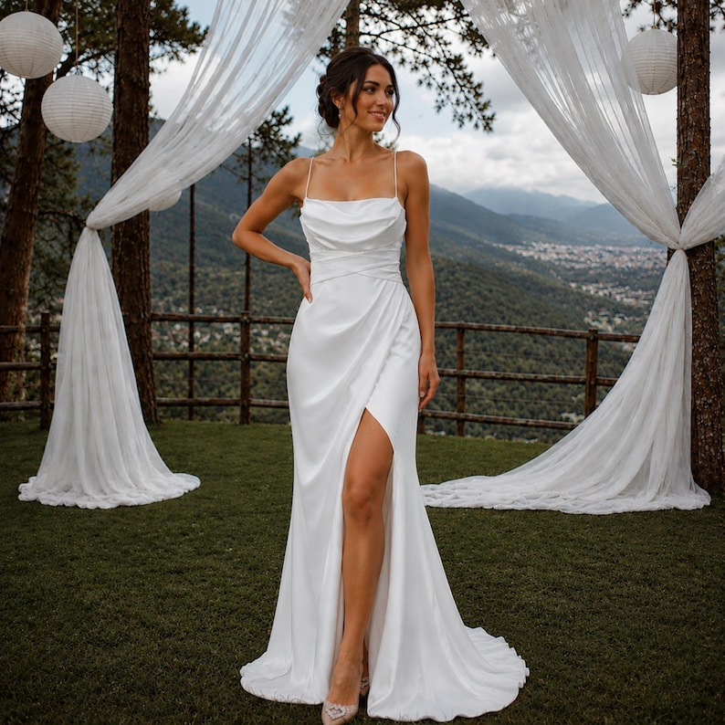 Minimalist Wedding Dress, Satin Bridal Gown, Open Back Design, Beach Bride, Elopement Dress
Satin Wedding Dress, Cowl Neck Bridal Gown, Open Back Dress, Beach Wedding Dress, High Slit