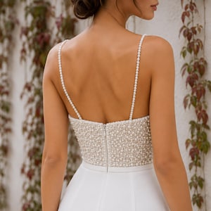 Luxury Crepe Wedding Dress, Beaded Bodice, Fitted Bridal Gown, Spaghetti Strap, Elegant Ivory