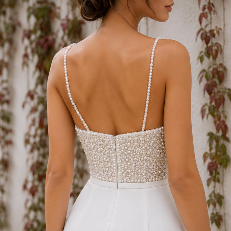 Luxury Crepe Wedding Dress, Beaded Bodice, Fitted Bridal Gown, Spaghetti Strap, Elegant Ivory