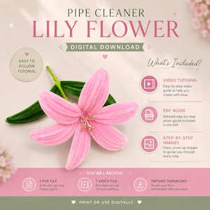 May include: A digital download guide for a pipe cleaner lily flower. The image features a pink pipe cleaner lily with green leaves and text including PIPE CLEANER LILY FLOWER, DIGITAL DOWNLOAD, What's Included, VIDEO TUTORIAL, PDF GUIDE, and STEP-BY-STEP IMAGES.