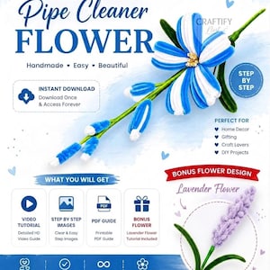 Op de afbeelding: Een digitale downloadgids voor een pijpenragerbloem. De afbeelding toont een blauw-witte pijpenragerbloem, een paarse lavendel-pijpenragerbloem en tekst met details over een videotutorial, stapsgewijze afbeeldingen en een PDF-gids.