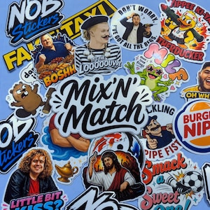 May include: A collection of assorted vinyl stickers featuring various graphic designs, including a person with a moustache, a cartoon duck, a frog, a person with curly hair, a religious figure, and text elements like Mix'N'Match and Bosh.