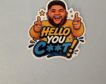 May include: A die-cut sticker featuring a cartoon illustration of a smiling person with a beard wearing a yellow long-sleeve shirt, pointing both index fingers forward. The text reads HELLO YOU C**T! in bold yellow and blue comic-style lettering.