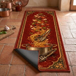 Puede incluir: Una alfombra rectangular con fondo rojo intenso, borde decorativo y un gráfico central de espaguetis siendo levantados de una olla de metal con pinzas, rodeados de tomates flotantes, dientes de ajo y hierbas verdes.