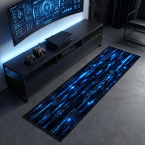 Cyberpunk Rug, Blue Matrix Code Runner, Gamer Room Carpet