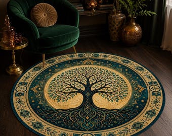 Emerald Tree of Life Round Rug, Washable Low Pile Rug for Boho Room Decor