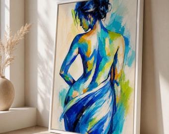 Blue Woman Canvas Wall Art, Abstract Figure Print, Bedroom Decor