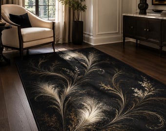 Gothic Floral Rug, Black Ivory Botanical Carpet, Dark Academia Decor