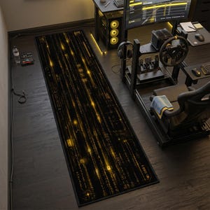 Yellow Matrix Rug, Cyberpunk Code Runner, Gamer Room Carpet