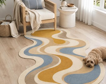 Abstract Wavy Rug, Soft Blue Flow Carpet, Neutral Bedroom Decor
