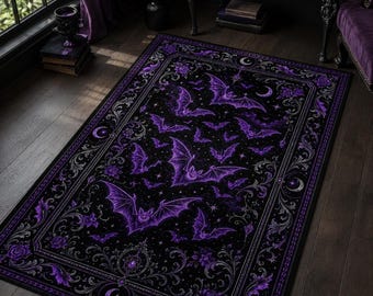 Gothic Bat Rug, Purple Moon Carpet, Dark Academia Room Decor