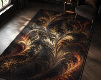 Gothic Floral Rug, Black Gold Fractal Carpet, Dark Academia Decor