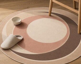 Pink Round Rug, Abstract Crescent Carpet, Japandi Bedroom Decor