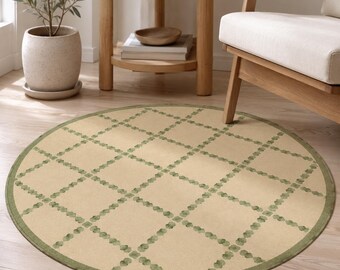 Round Boho Rug, Sage Green Diamond Carpet, Bedroom Decor