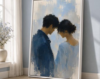 Romantic Couple Canvas Wall Art, Blue Lovers Print, Bedroom Decor