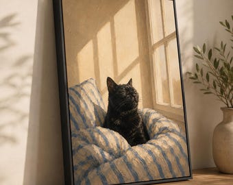 Black Cat Canvas Wall Art, Cozy Sunlit Window Print, Cat Lover Gift
