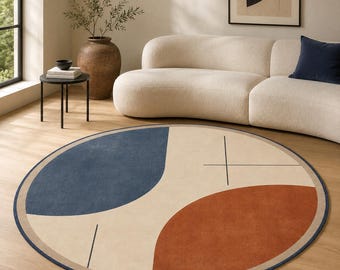Abstract Round Rug, Mid Century Geometric Carpet, Modern Decor
