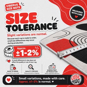 The image is an advertisement for a rug, featuring a large rug with a measuring tape and text explaining the concept of size tolerance.
