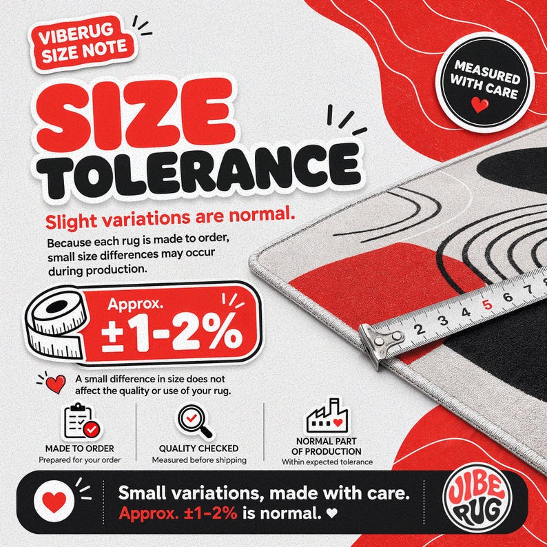 The image is an advertisement for a rug, featuring a large rug with a measuring tape and text explaining the concept of size tolerance.