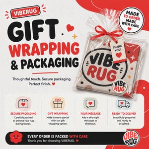 The image is an advertisement for VIBERUG, a company that makes gift wrapping and packaging. It features a close-up of a VIBERUG rug, along with text and icons highlighting the company's services and products.