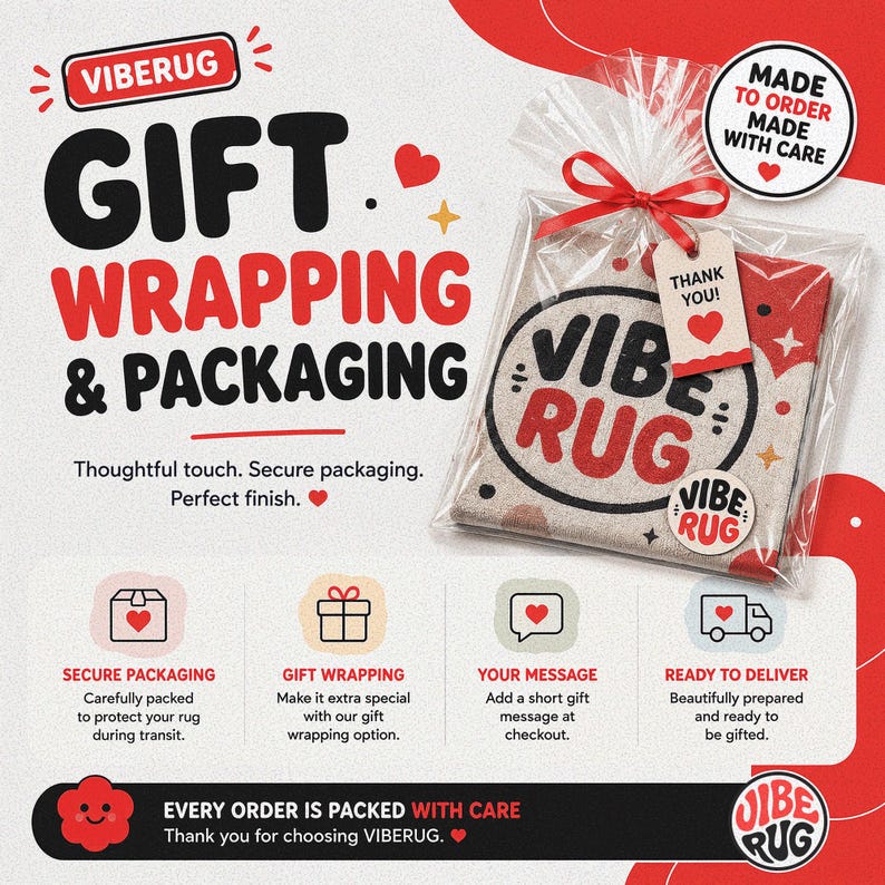 The image is an advertisement for VIBERUG, a company that makes gift wrapping and packaging. It features a close-up of a VIBERUG rug, along with text and icons highlighting the company's services and products.