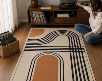 Terracotta Rug, Abstract Arch Area Carpet, Mid Century Room Decor