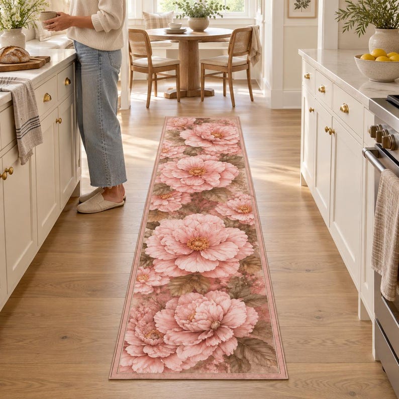 Pink Flowr Rug Pattern Pink Floral Runner Rug, Romantic Botanical Decor, Bedroom Accent - Etsy