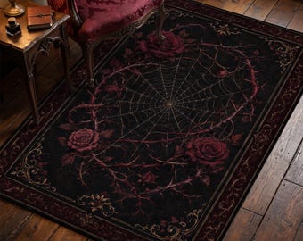 Alfombra gótica de rosas, alfombra floral oscura, decoración de dormitorio estilo academia oscura