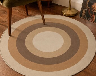 Round Neutral Rug, Boho Circle Carpet, Mid Century Decor