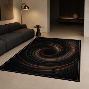 May include: A rectangular area rug featuring a dark black base with a prominent swirling vortex pattern in shades of copper, bronze, and deep blue. The design creates a sense of depth and movement across the surface, framed by a thin border.
