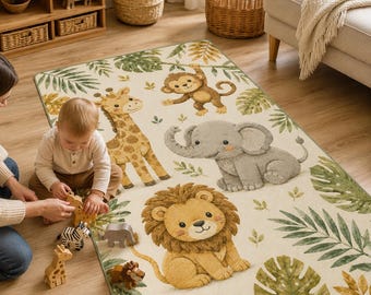 Safari Nursery Rug, Jungle Animal Playroom Carpet, Baby Gift