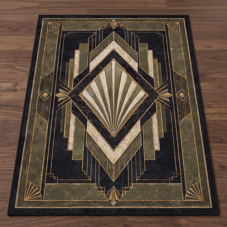 May include: A rectangular area rug featuring a geometric pattern with a central diamond motif. The design incorporates shades of black, olive green, and cream with a marble-like texture, accented by thin gold lines in a symmetrical arrangement.
