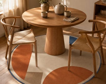 Abstract Round Rug, Earth Tone Geometric Carpet, Modern Decor