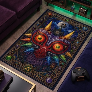Majoras Mask Rug, Stained Glass Zelda Carpet, Clock Town Gamer Decor