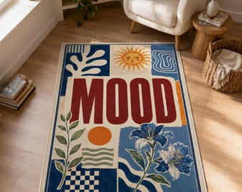 Alfombra Mood, Alfombra floral retro con diseño de sol, Decoración de habitación estilo boho