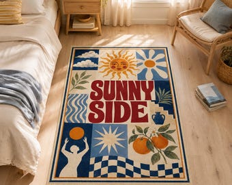 Sunny Side Rug, Retro Sun Floral Carpet, Boho Room Decor