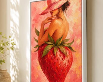 Strawberry Woman Canvas Wall Art, Feminine Fruit Print, Kitchen Decor
